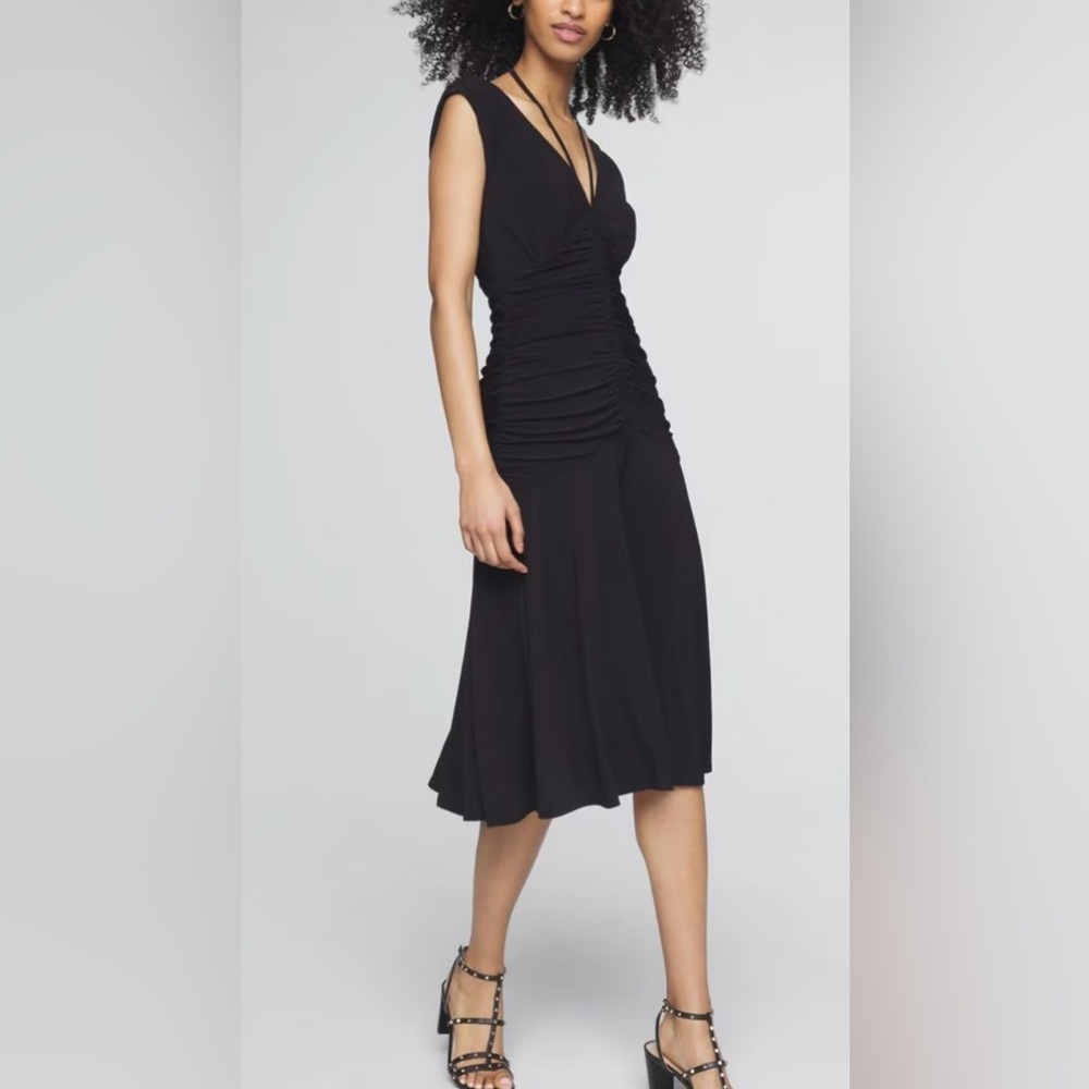 White House Black Market Black Ruched Tie Shoulder Midi Sleeveless Dress